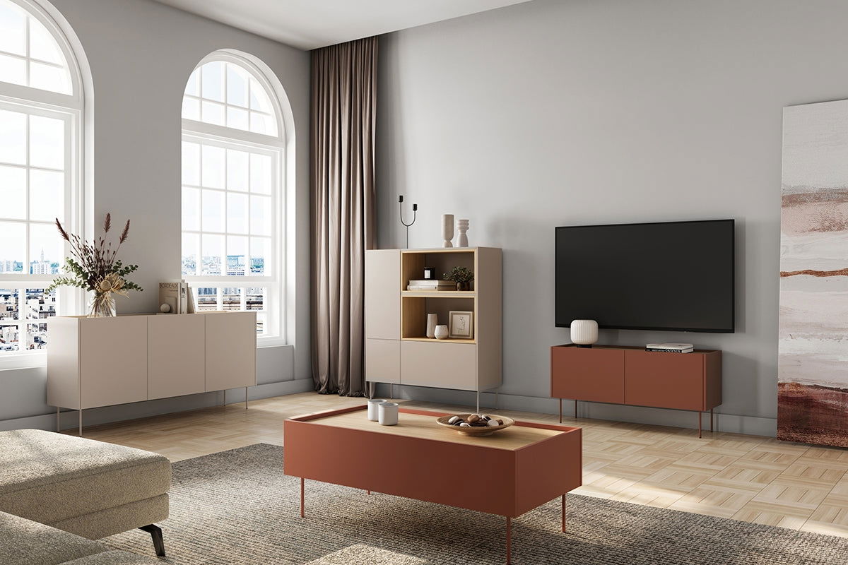 Szafka RTV Desin z ukrytą szufladą i metalowymi nogami 120 cm - ceramic red / dąb nagano