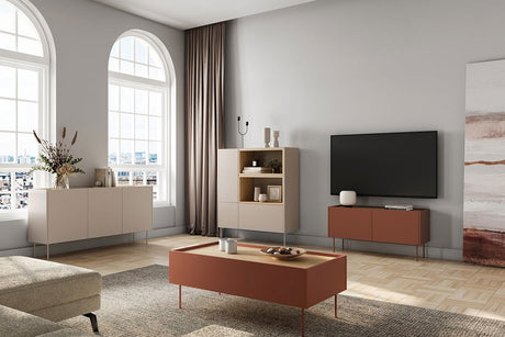 Szafka RTV Desin z ukrytą szufladą i metalowymi nogami 120 cm - ceramic red / dąb nagano