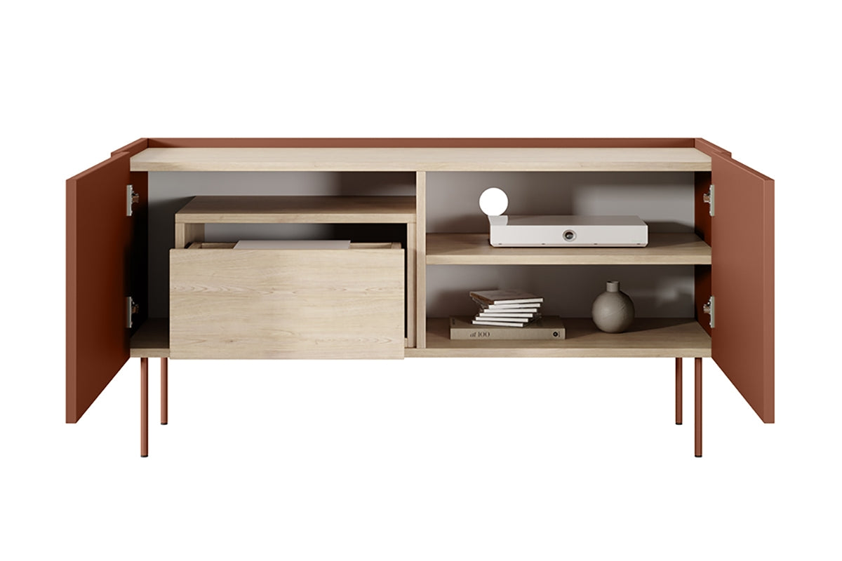 Szafka RTV Desin z ukrytą szufladą i metalowymi nogami 120 cm - ceramic red / dąb nagano