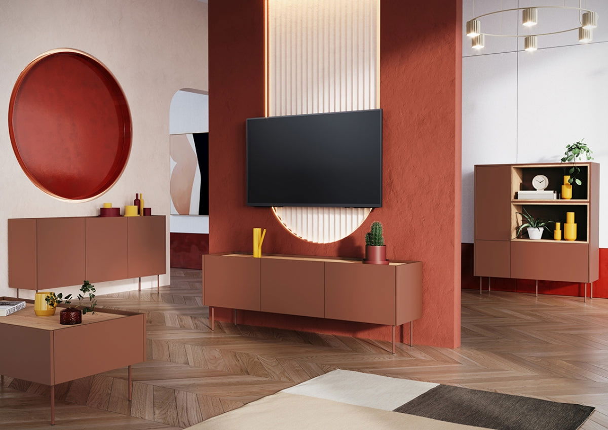 Szafka RTV Desin z ukrytą szufladą i metalowymi nogami 170 cm - czerwony / ceramic red / dąb nagano