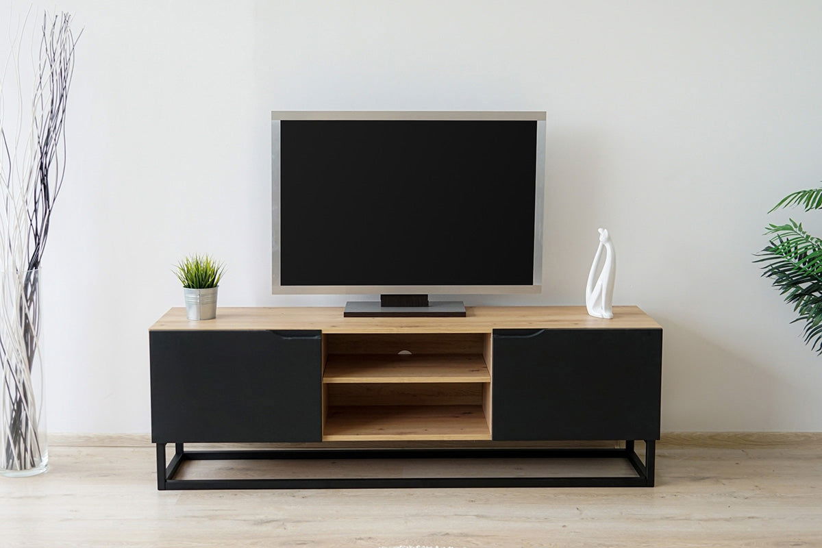 Szafka RTV Loftia Mini z wnękami i metalowym stelażem 160 cm - artisan / czarny mat