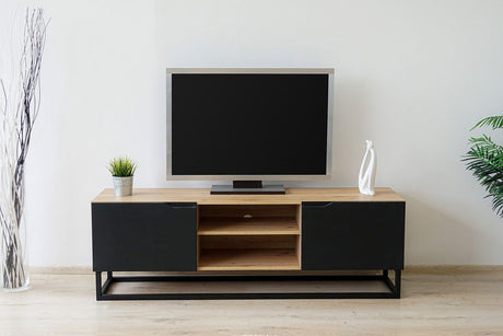 Szafka RTV Loftia Mini z wnękami i metalowym stelażem 160 cm - artisan / czarny mat