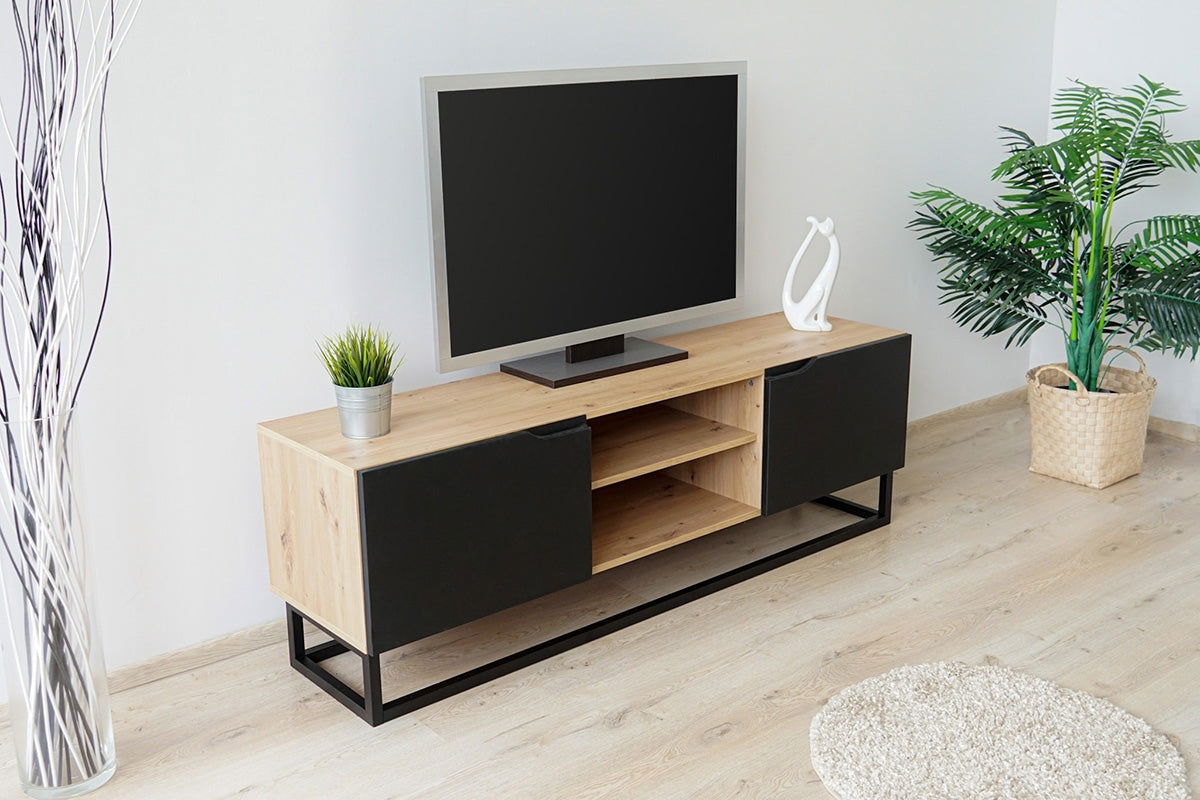 Szafka RTV Loftia Mini z wnękami i metalowym stelażem 160 cm - artisan / czarny mat