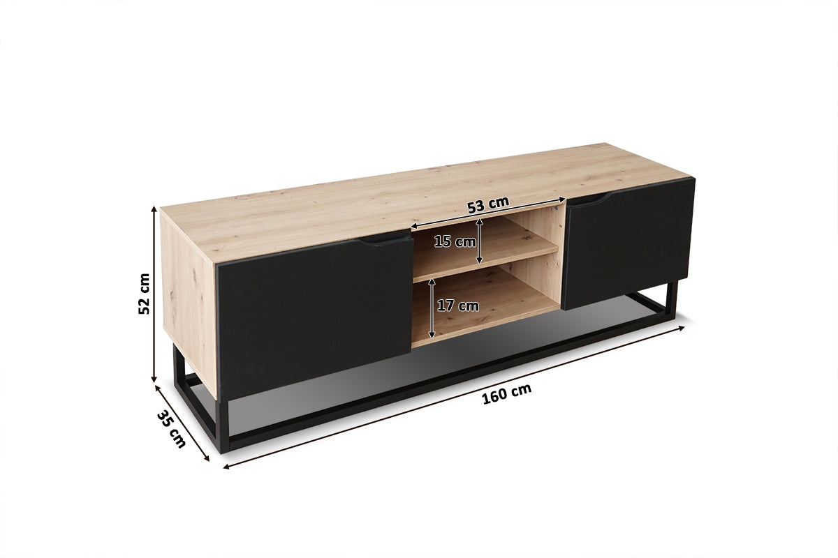 Szafka RTV Loftia Mini z wnękami i metalowym stelażem 160 cm - artisan / czarny mat