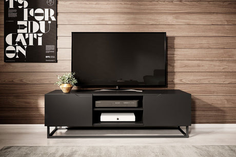 Szafka RTV Loftia Mini z wnękami i metalowym stelażem 160 cm - czarny / czarny mat