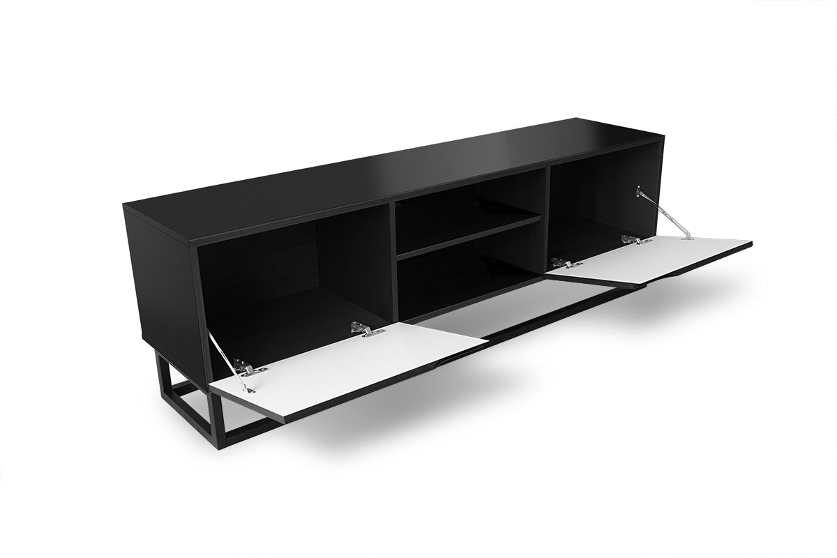 Szafka RTV Loftia Mini z wnękami i metalowym stelażem 160 cm - czarny / czarny mat