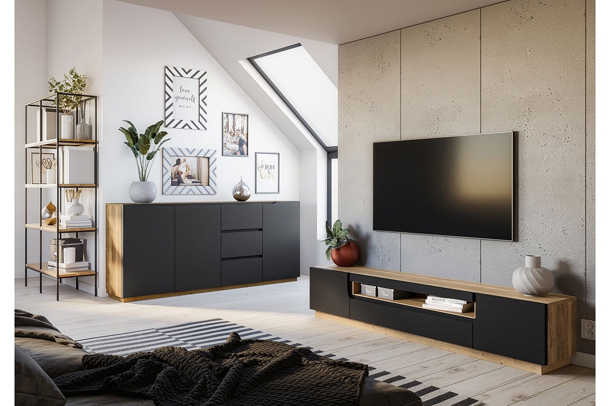 Szafka RTV Loftia dwudrzwiowa z wnęką 200 cm - artisan / czarny mat