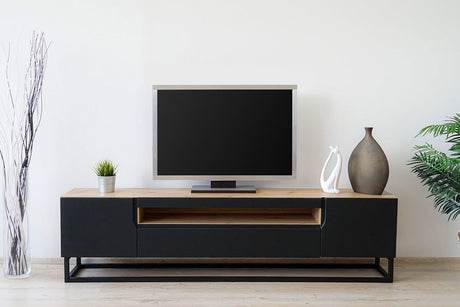 Szafka RTV Loftia z wnęką i metalowym stelażem 200 cm - artisan / czarny mat