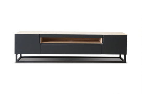 Szafka RTV Loftia z wnęką i metalowym stelażem 200 cm - artisan / czarny mat