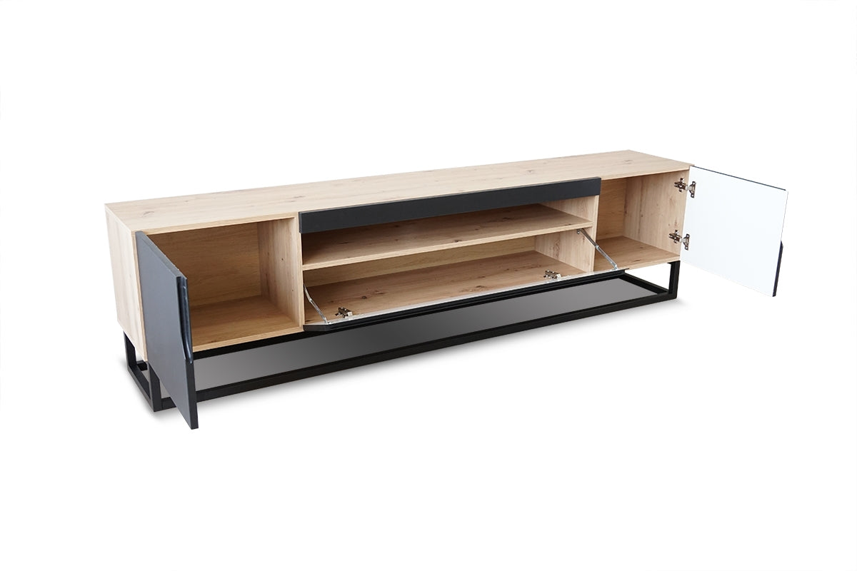 Szafka RTV Loftia z wnęką i metalowym stelażem 200 cm - artisan / czarny mat