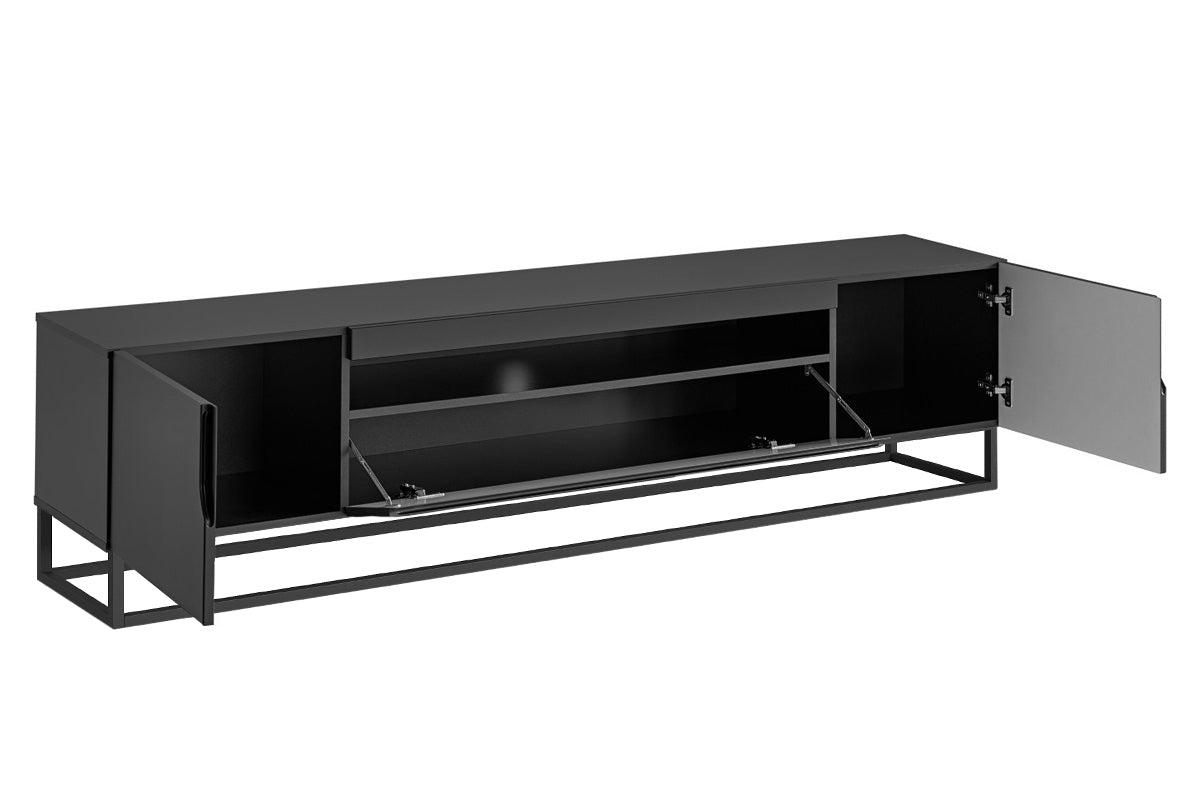 Szafka RTV Loftia z wnęką i metalowym stelażem 200 cm - czarny / czarny mat