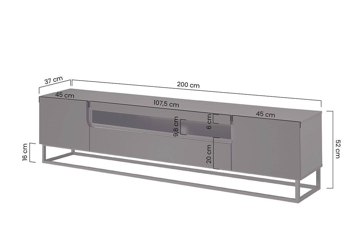 Szafka RTV Loftia z wnęką i metalowym stelażem 200 cm - czarny / czarny mat