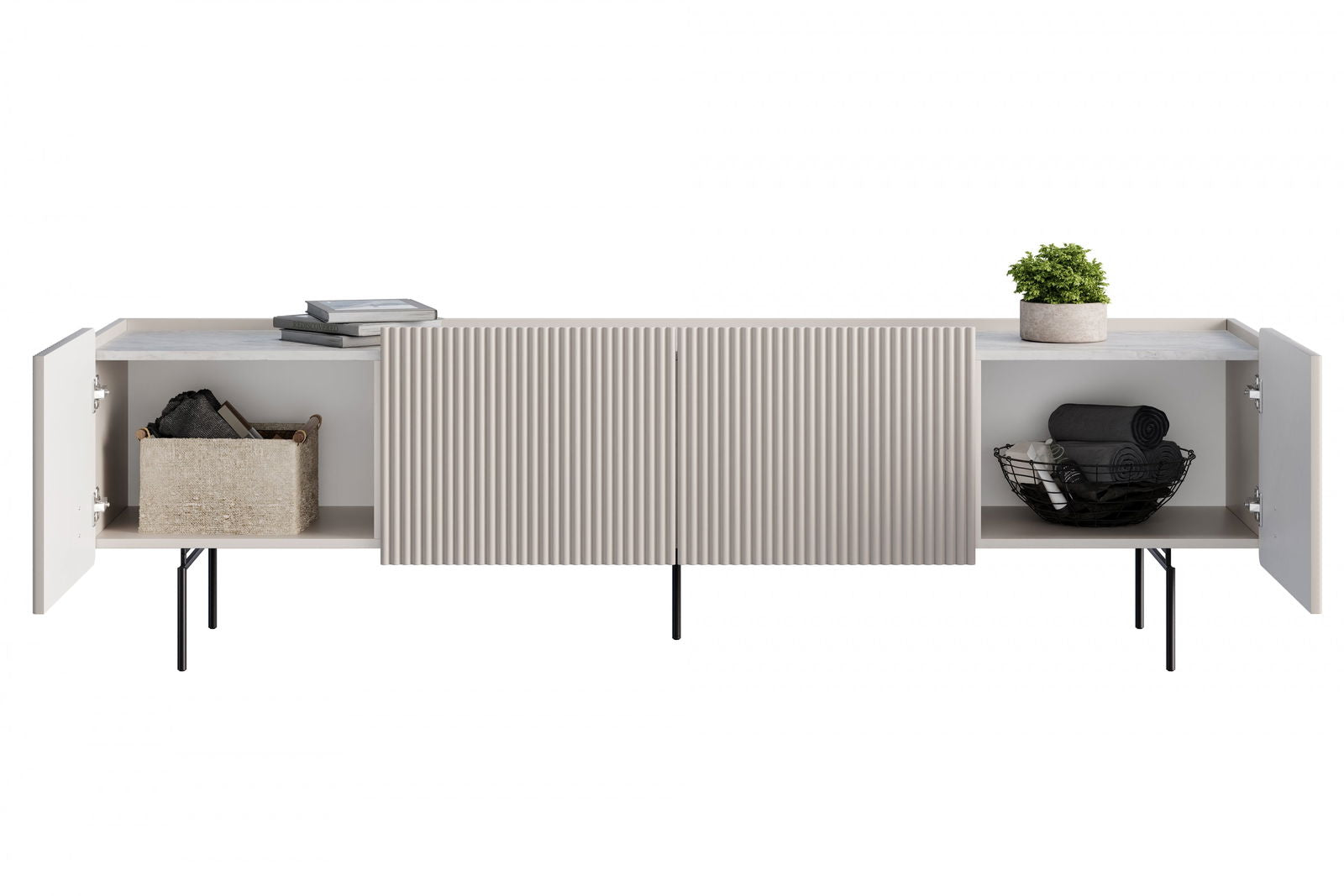 Szafka RTV Malmi 200 cm - kaszmir / crema bianca / czarne nóżki