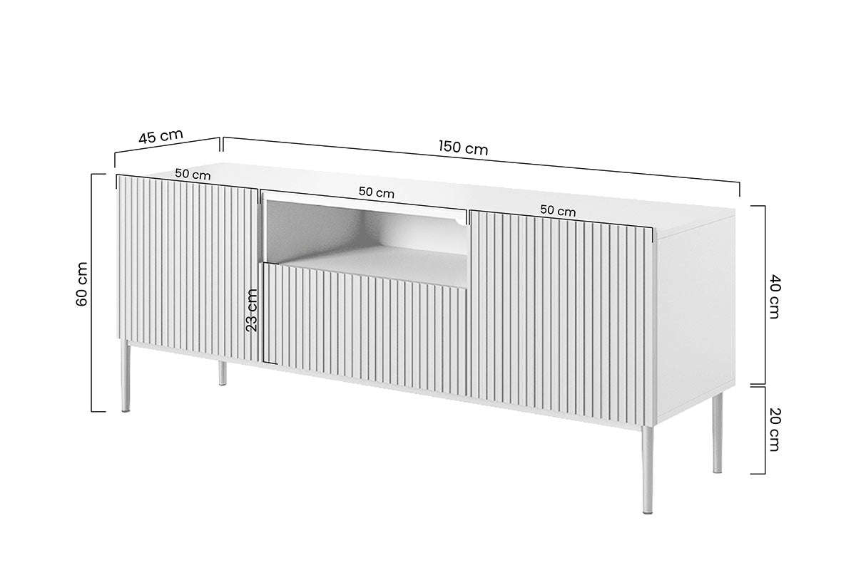 Szafka RTV Nicole z szufladą, wnęką i metalowymi nogami 150 cm - biały mat / czarne nóżki