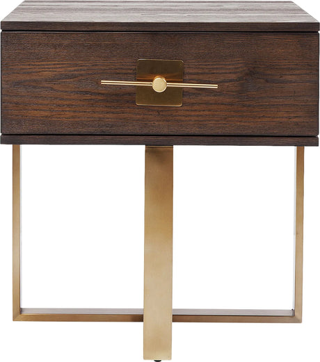Szafka nocna Osaka z ciemnym korpusem MDF, szufladą i złotą stalową podstawą 