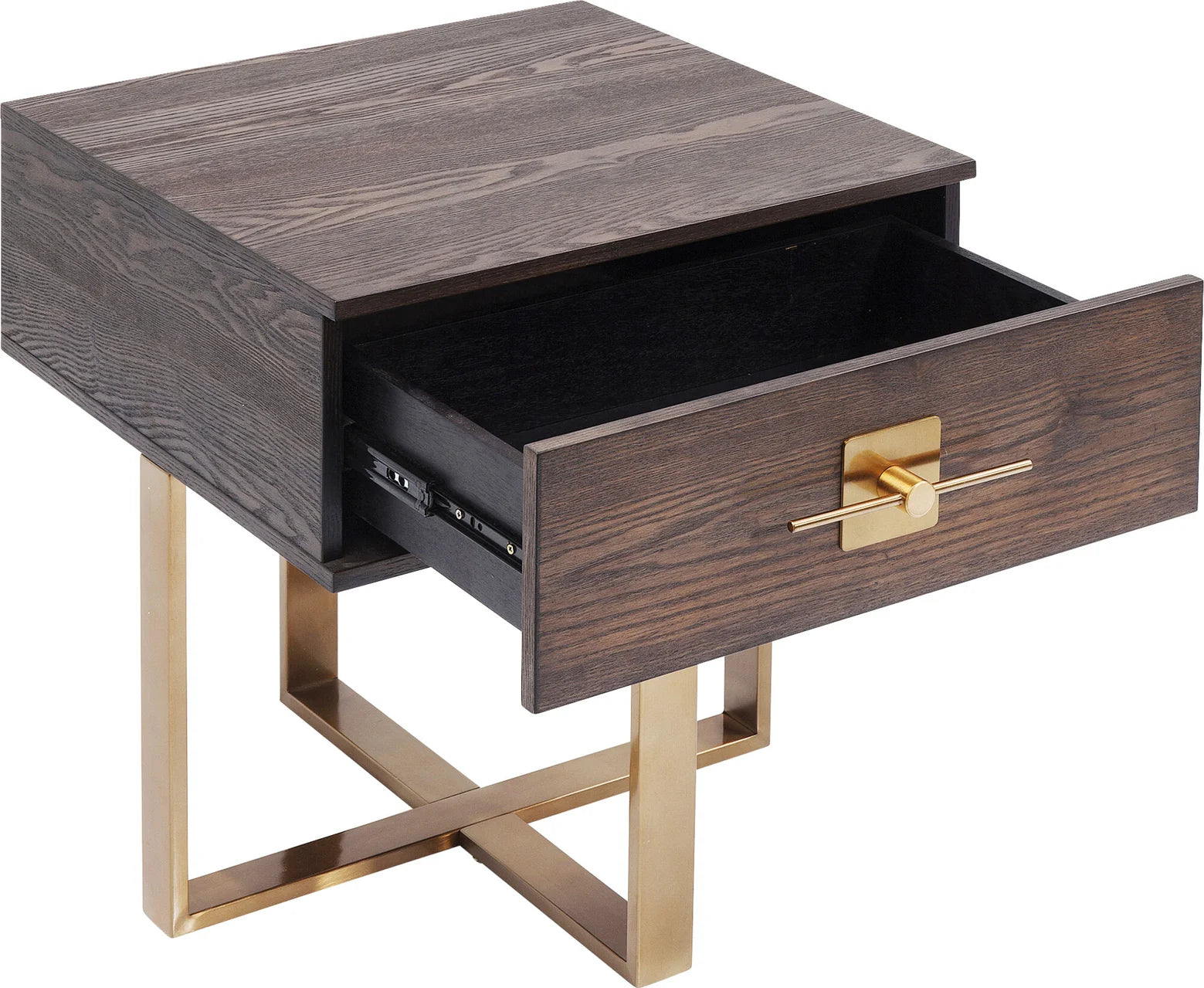 Szafka nocna Osaka z ciemnym korpusem MDF, szufladą i złotą stalową podstawą 