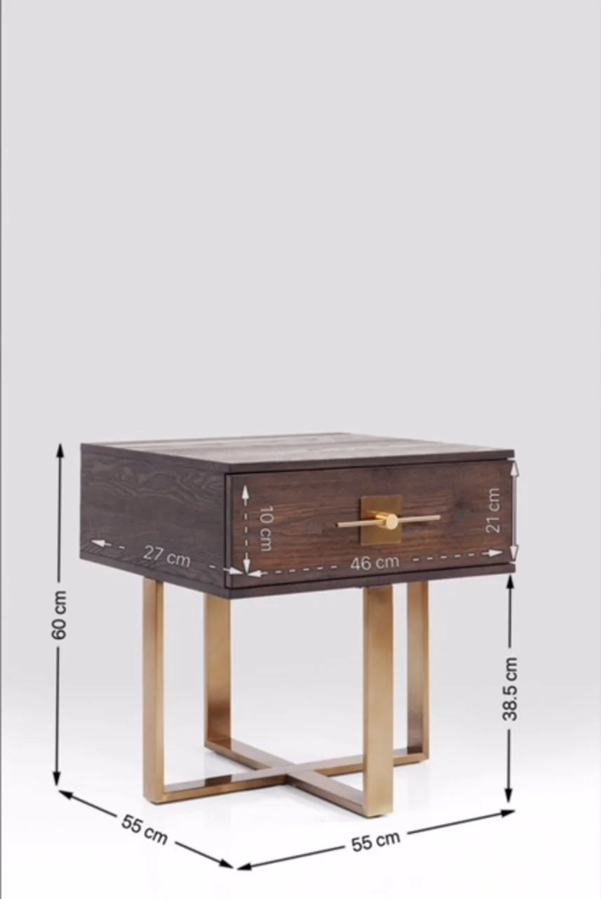 Szafka nocna Osaka z ciemnym korpusem MDF, szufladą i złotą stalową podstawą 