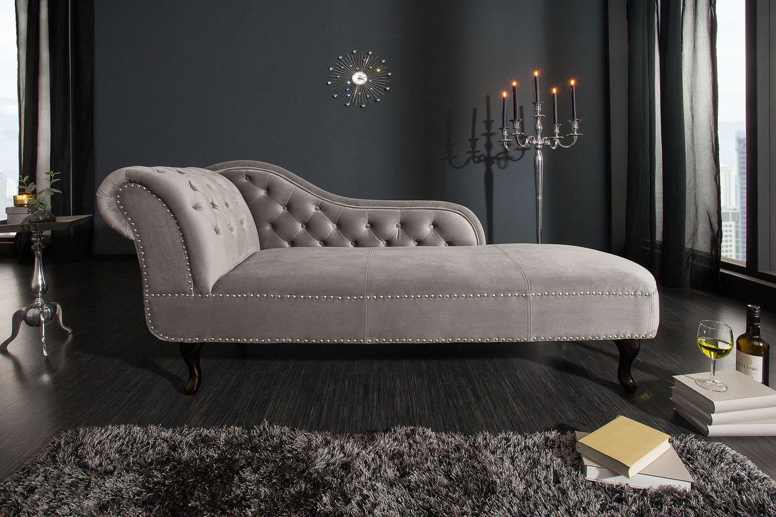 Szezlong Chesterfield srebrny aksamit / 38389  / INVICTA INTERIOR