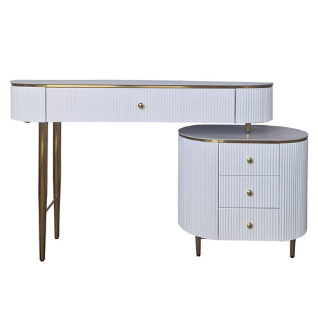 Rozsuwana toaletka Marion 120–150 cm z białym, ryflowanym MDF, marmurowym blatem , złote detale