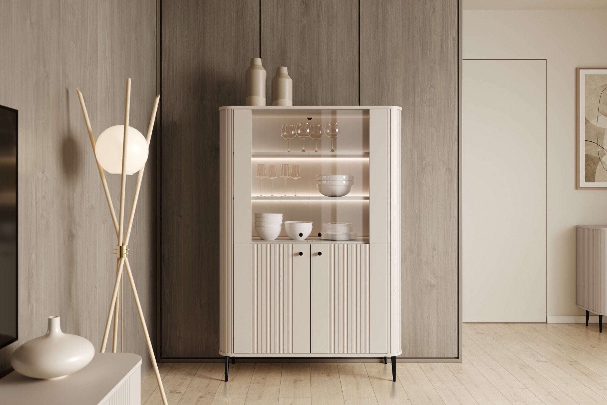 Witryna Vesper do salonu 103 cm kaszmir / czarne nogi, uchwyty