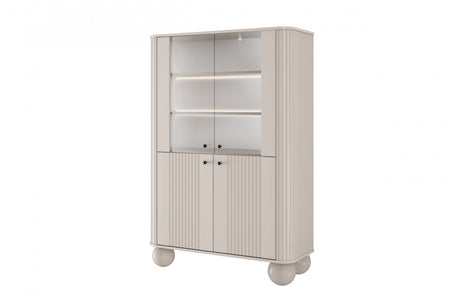 Beżowa witryna Vesper z ryflowanymi frontami, podświetleniem LED elegancki mebel do salonu i jadalni.