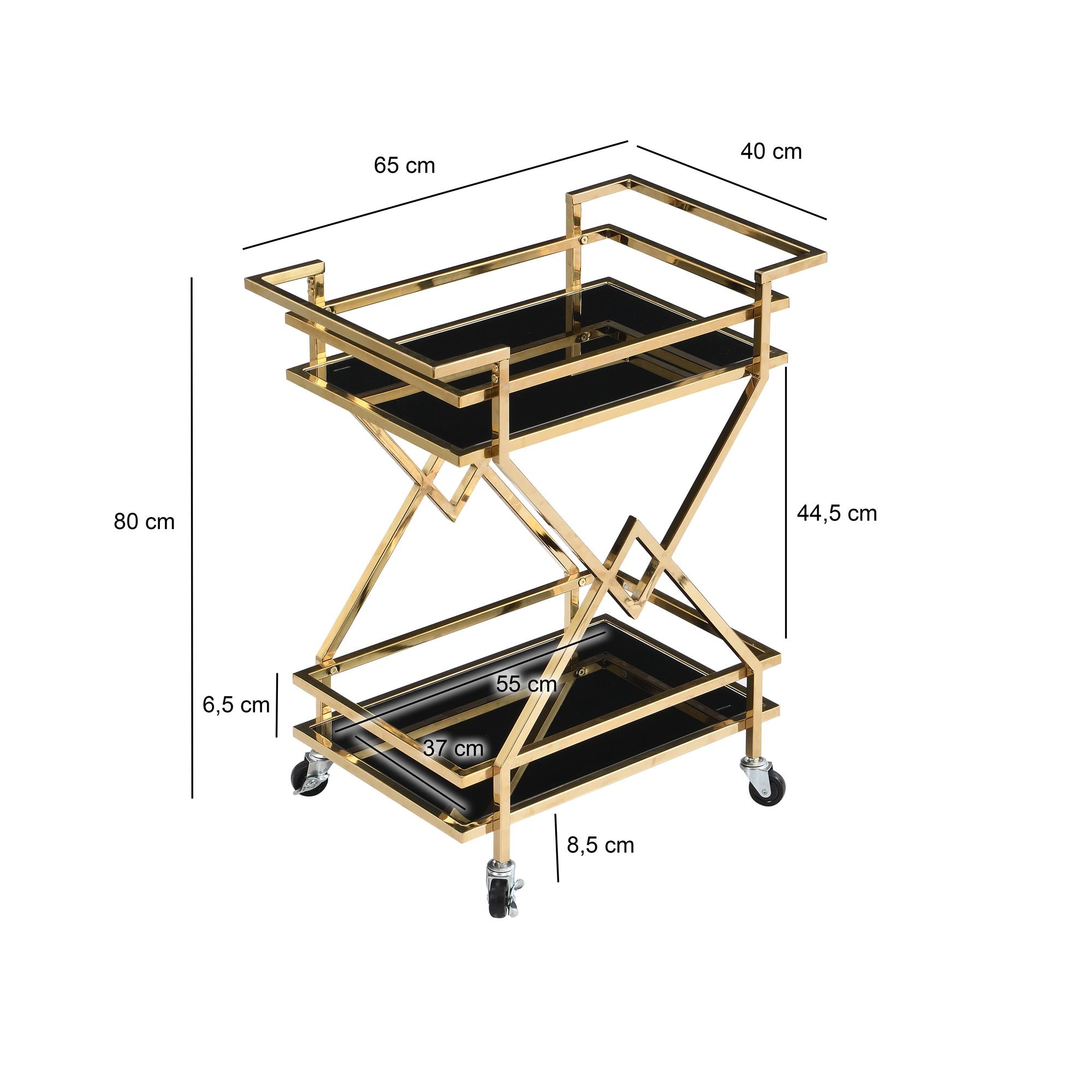 Barek na kółkach ze stalowym, złotym stelażem i dwiema półkami z hartowanego szkła, do salonu