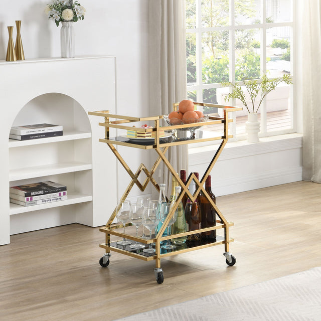 Barek na kółkach ze stalowym, złotym stelażem i dwiema półkami z hartowanego szkła, do salonu