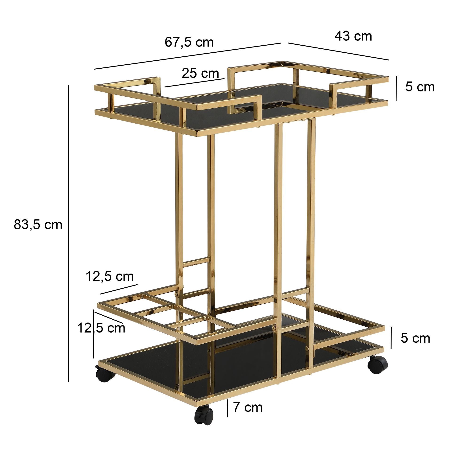 Barek na kółkach ze stalowym, złotym stelażem i dwiema półkami z hartowanego szkła, do salonu