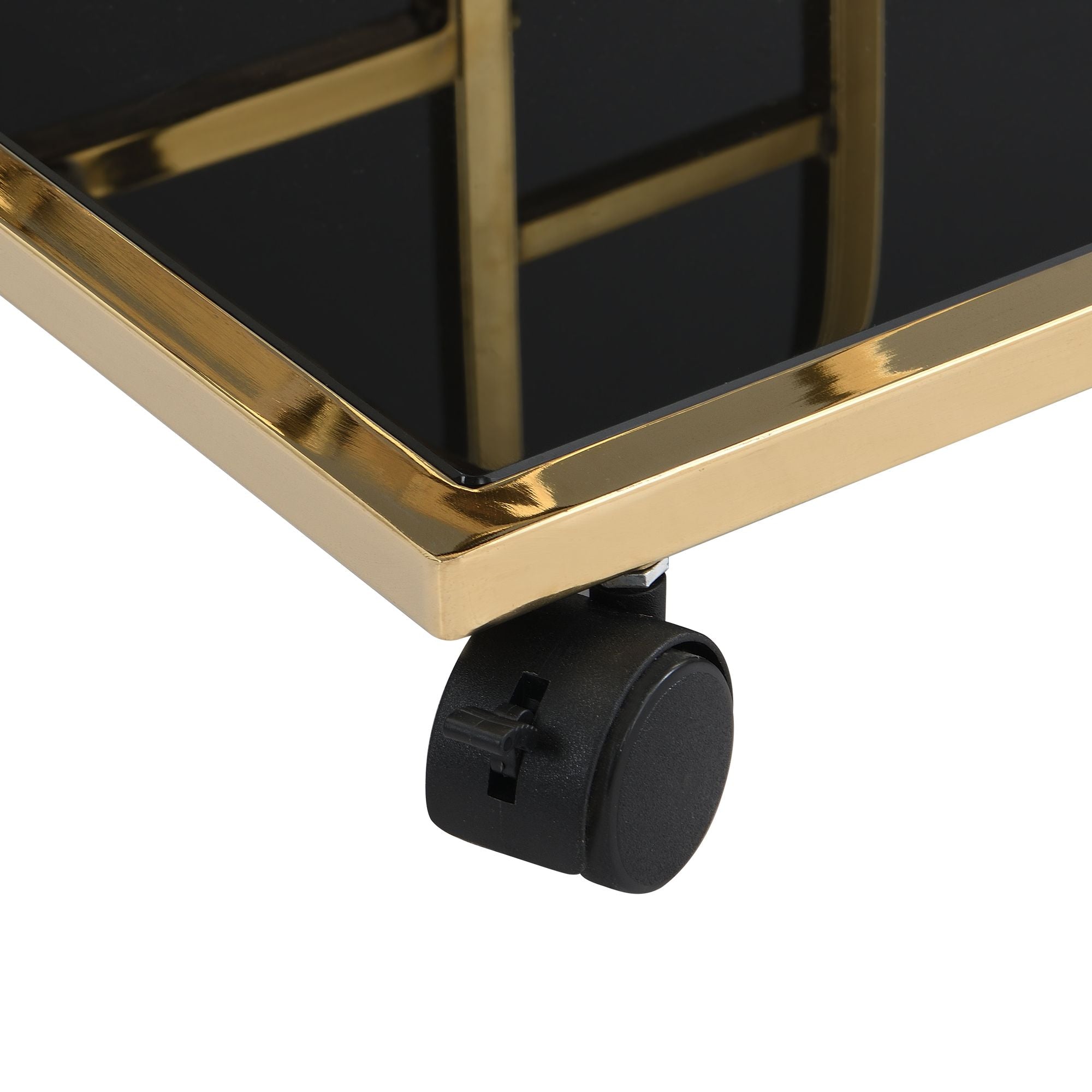 Barek na kółkach ze stalowym, złotym stelażem i dwiema półkami z hartowanego szkła, do salonu