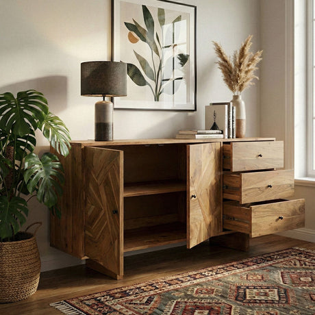 Komoda z litego drewna akacjowego z geometrycznym frontem, szufladami i szafkami w naturalnym wybarwieniu