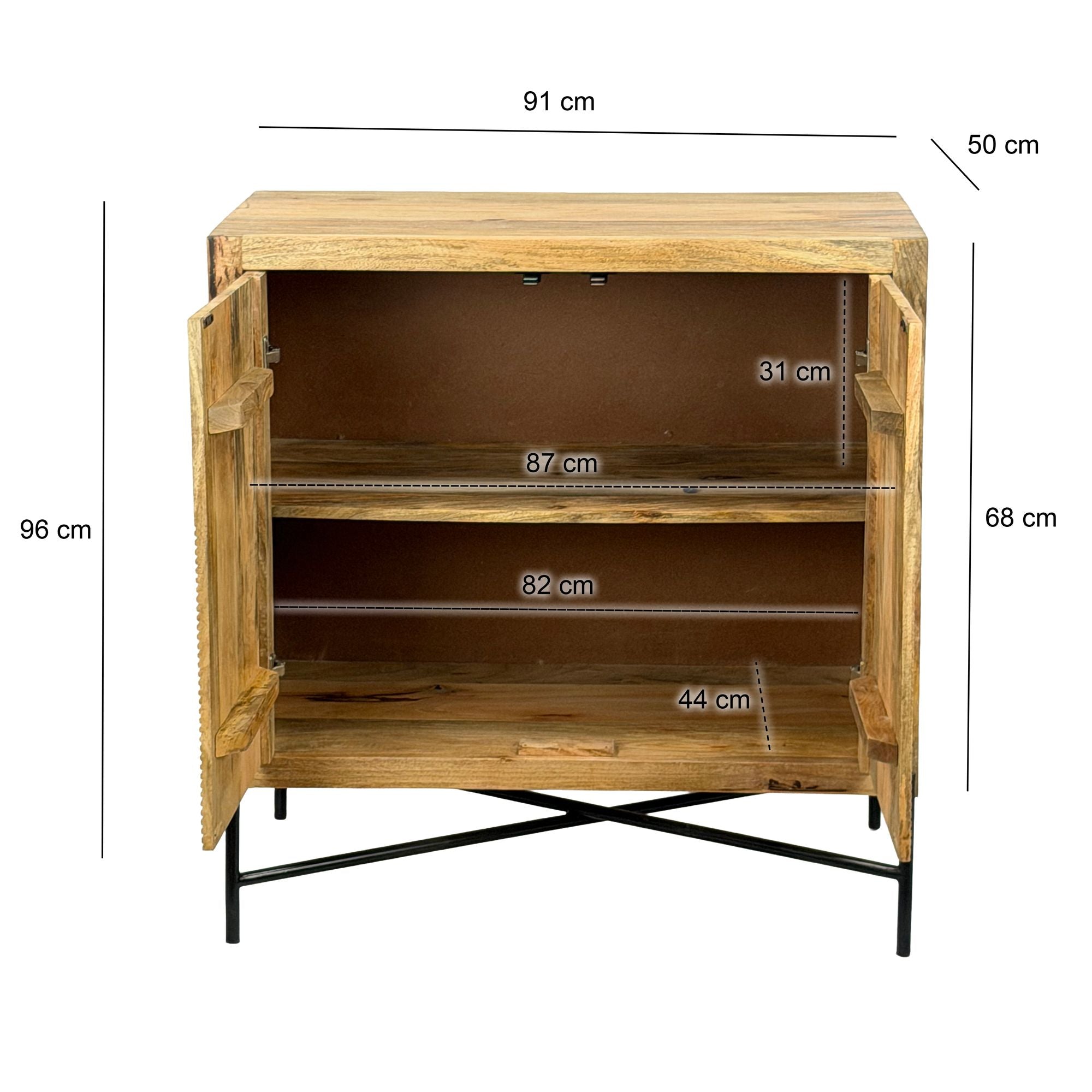 Komoda z litego drewna mango z ryflowanym geometrycznym frontem i czarnym metalowym stelażem