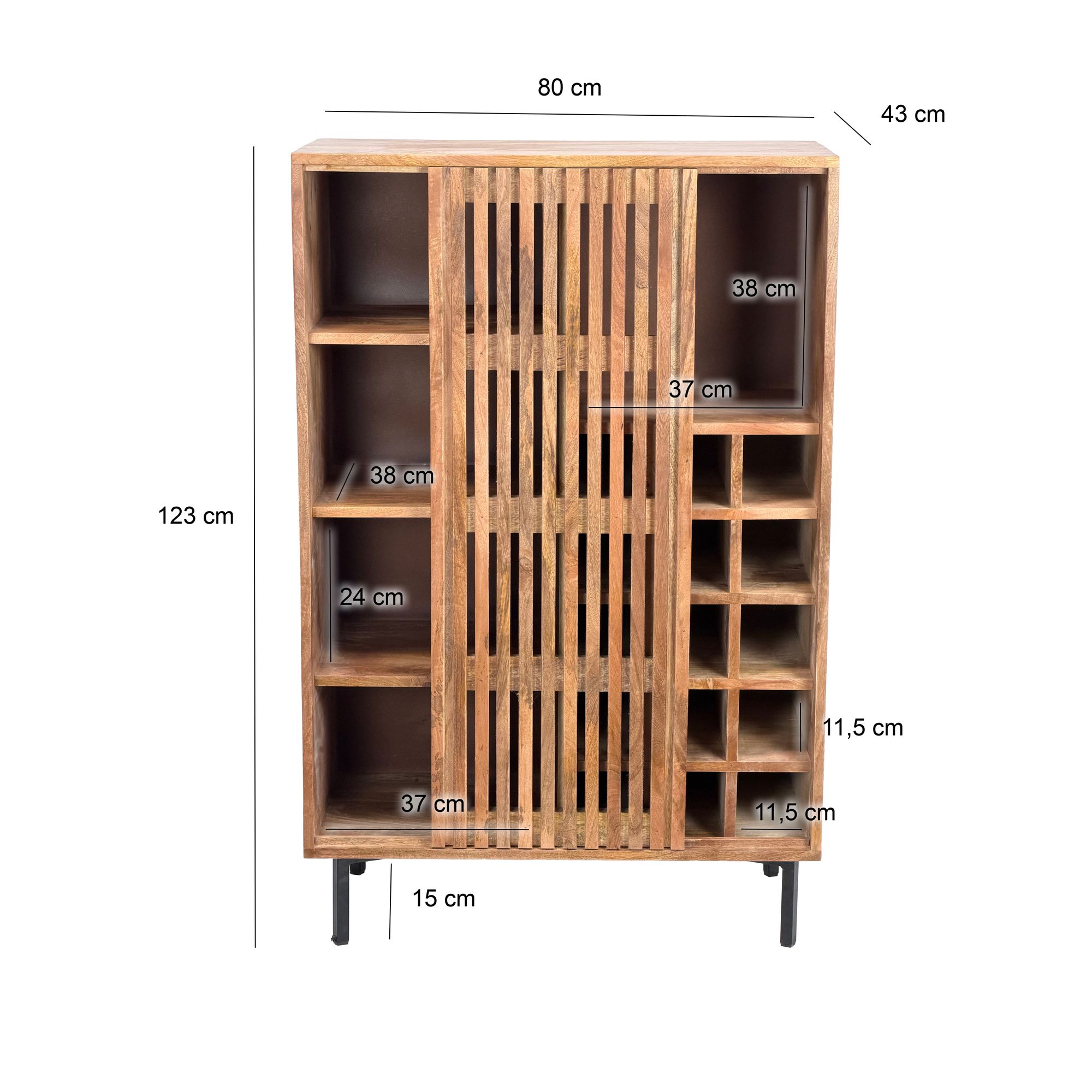 Komoda barek z litego drewna mango z miejscem na butelki.