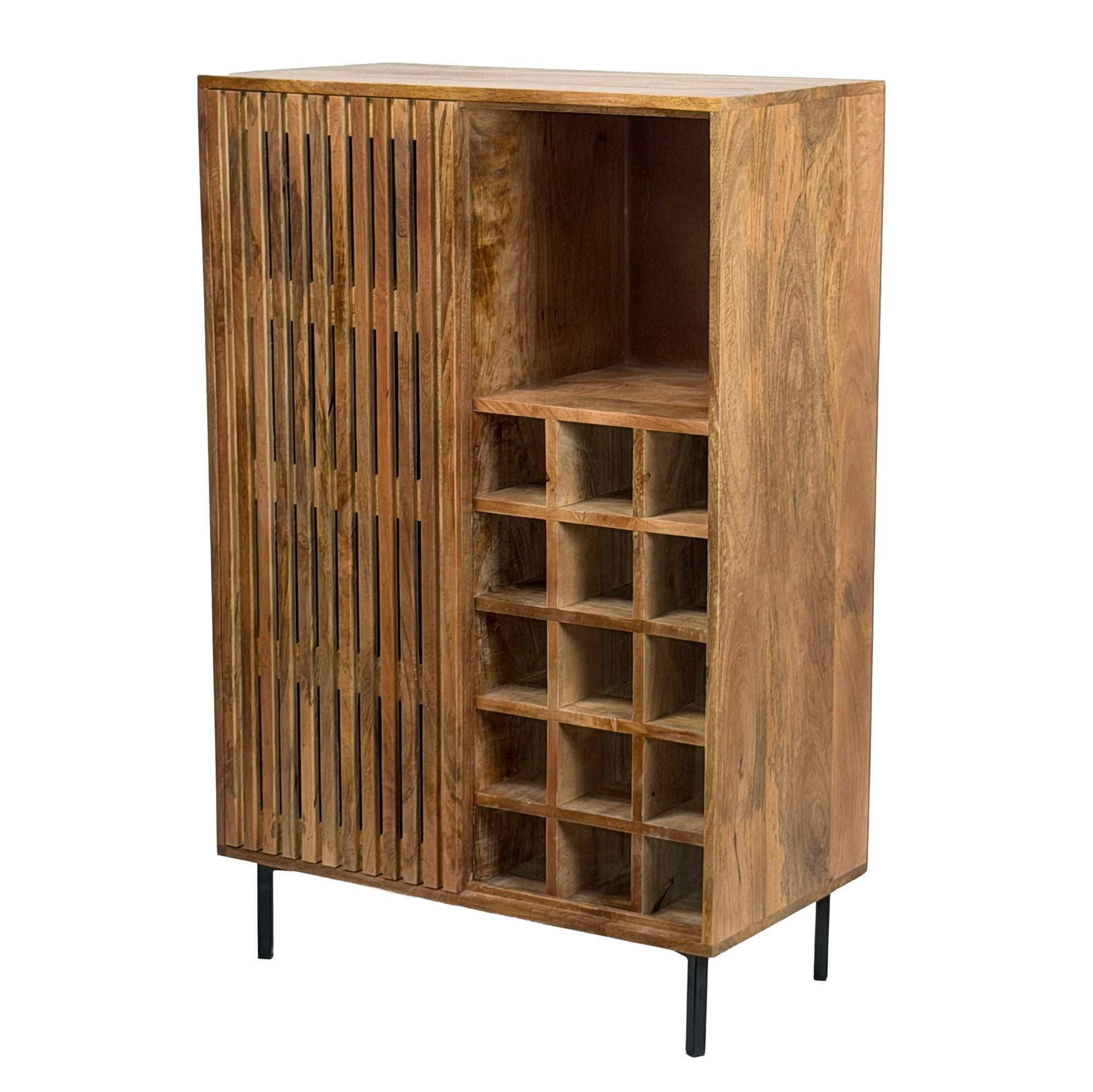 Komoda barek z litego drewna mango z miejscem na butelki.