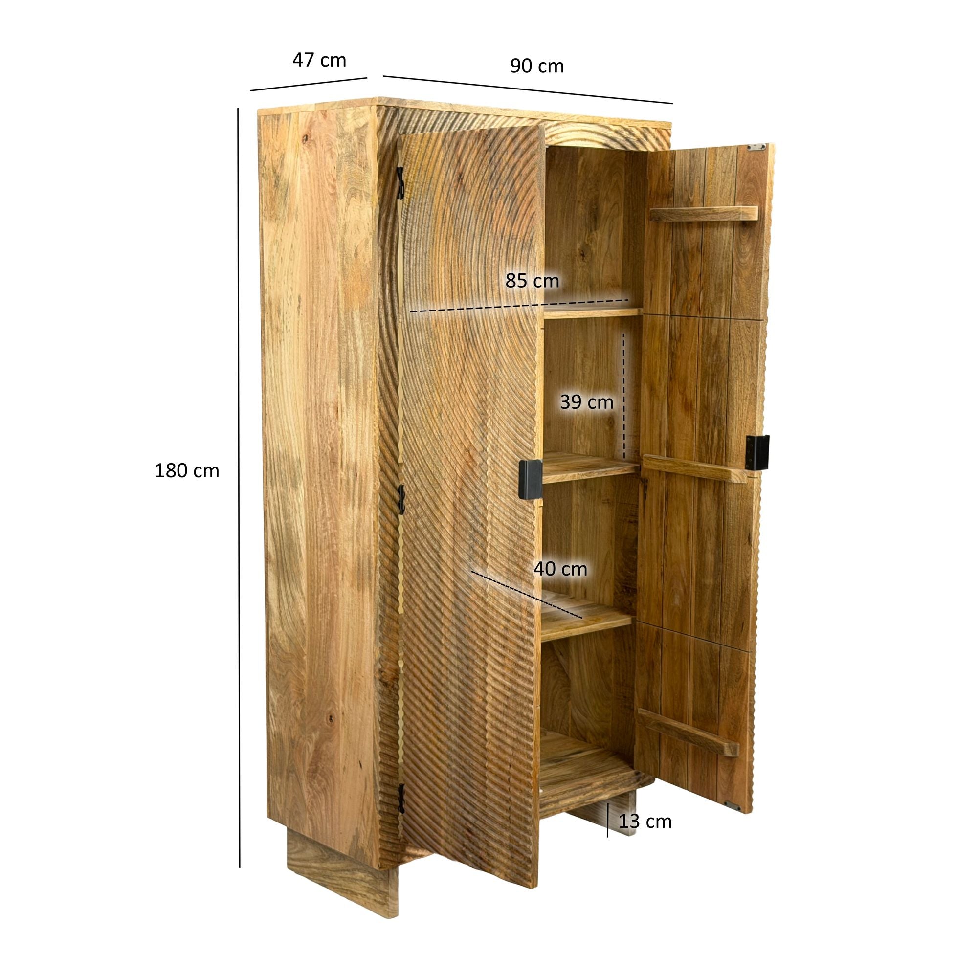 Komoda z litego drewna mango z dekoracyjnym ryflowanym frontem i  półkami wewnątrz