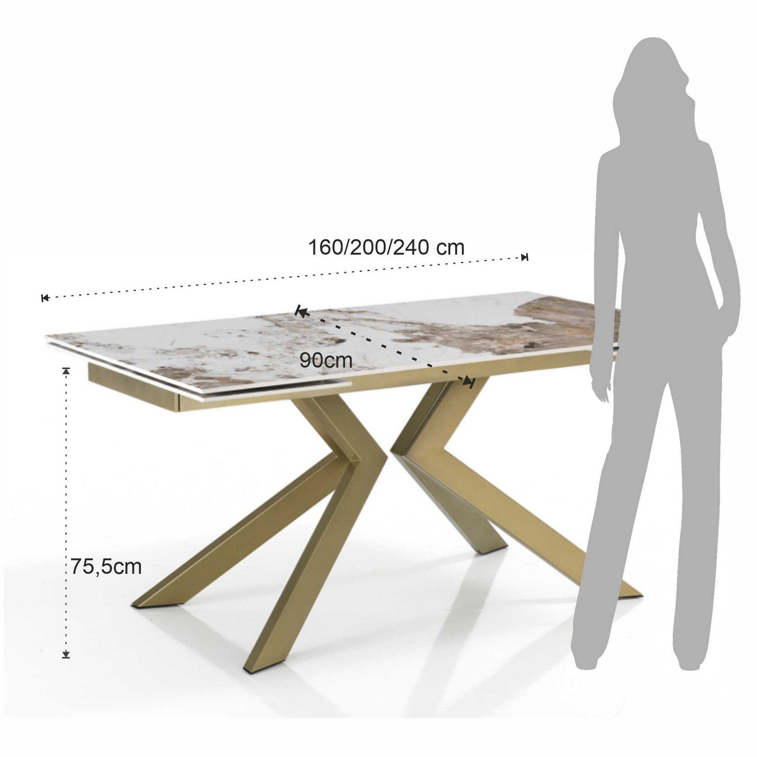 WŁOSKI NOWOCZESNY STÓŁ ROZKŁADANY Z CERAMICZNYM BLATEM ZŁOTA PODSTAWA 160 (200-240)/ 5799 / TM
