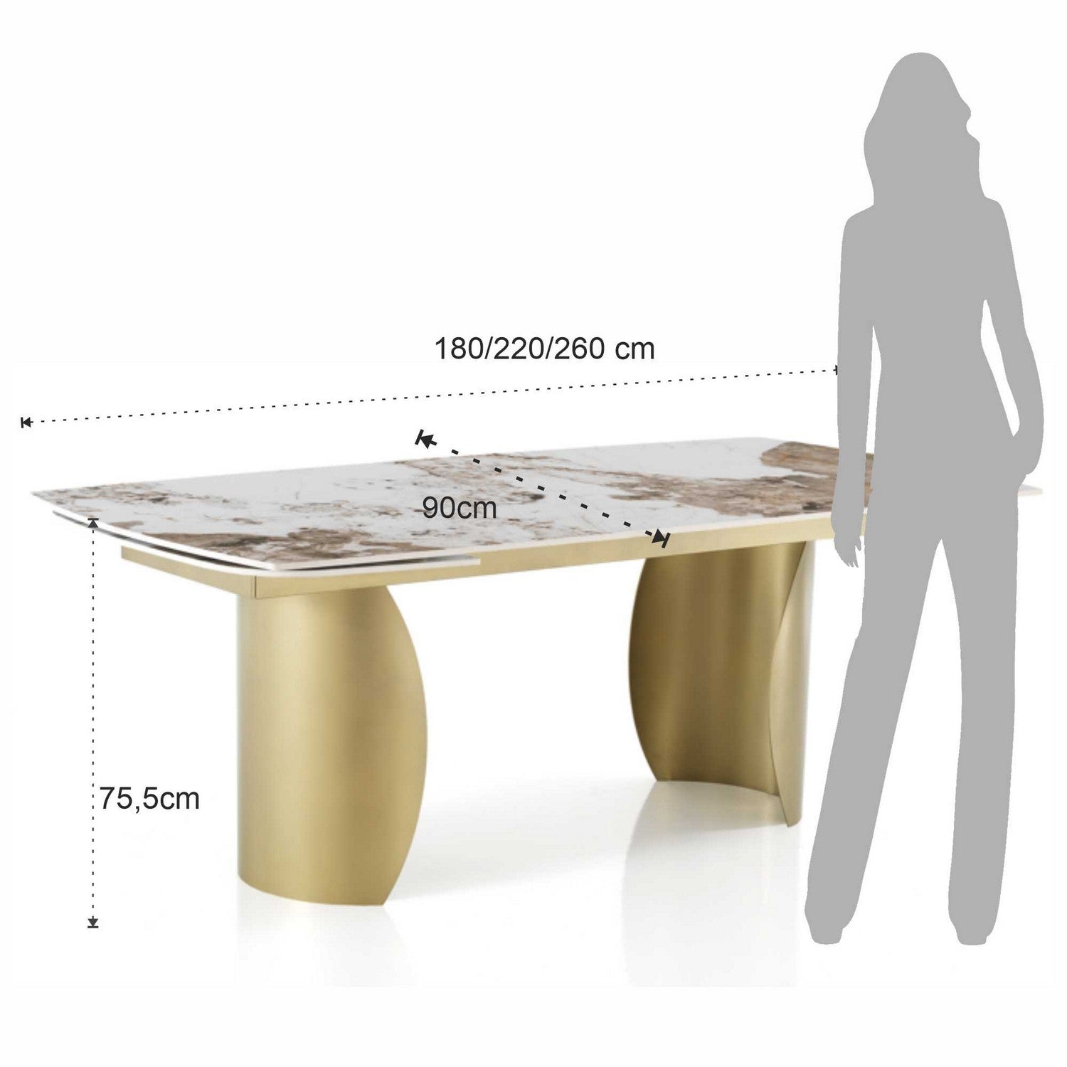 WŁOSKI NOWOCZESNY STÓŁ ROZKŁADANY Z CERAMICZNYM BLATEM ZŁOTA PODSTAWA 180 (220-260)/ 5795 / TM