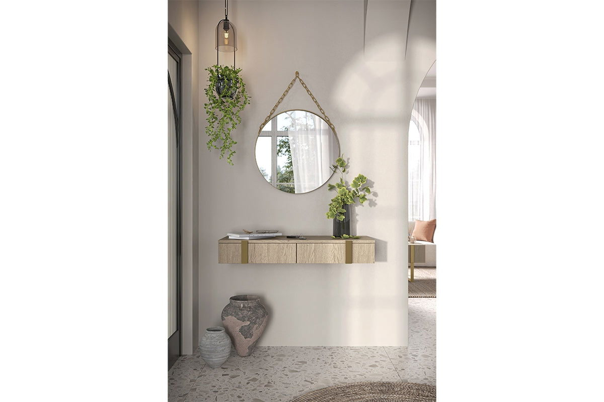Wisząca konsola / toaletka Verica z szufladami 120 cm - dąb biszkoptowy / złote uchwyty