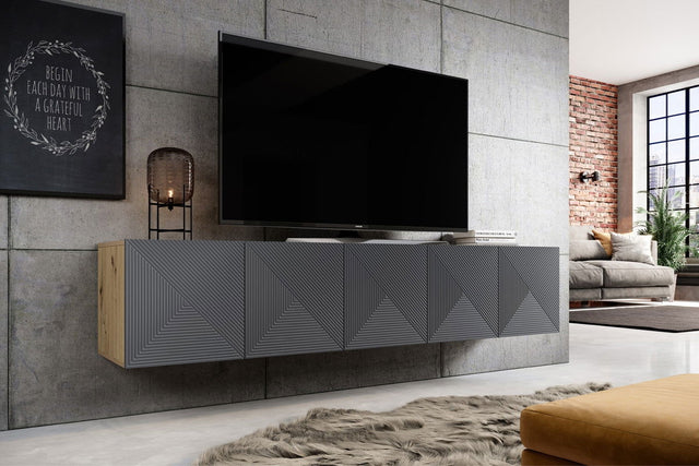 Wisząca szafka RTV Asha z ryflowanym frontem 200 cm - artisan / rivier stone mat