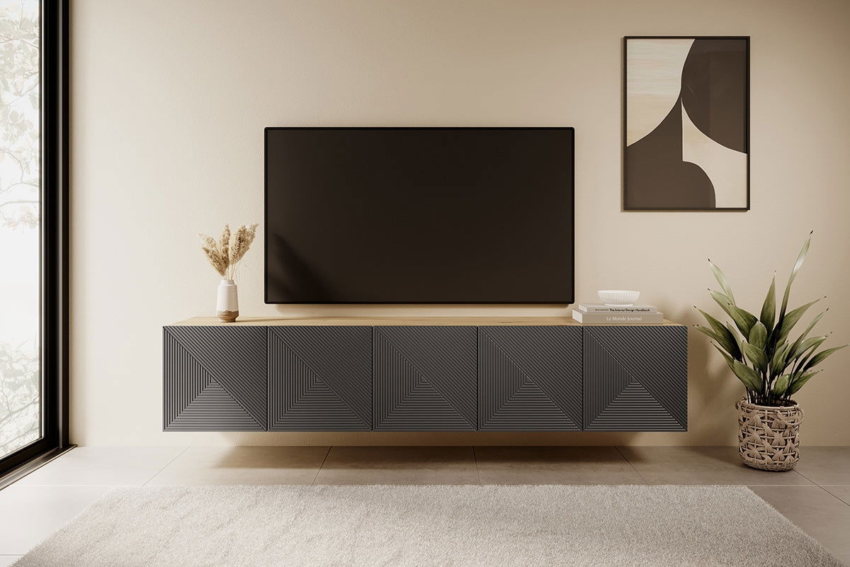 Wisząca szafka RTV Asha z ryflowanym frontem 200 cm - artisan / rivier stone mat