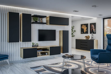 Wisząca szafka RTV Loftia Mini z wnękami 160 cm - artisan / czarny mat