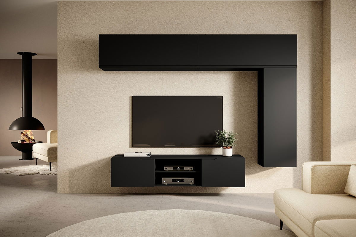Wisząca szafka RTV Loftia Mini z wnękami 160 cm - czarny / czarny mat