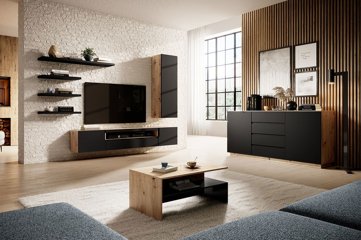 Wisząca szafka RTV Loftia z wnęką 200 cm - artisan / czarny mat