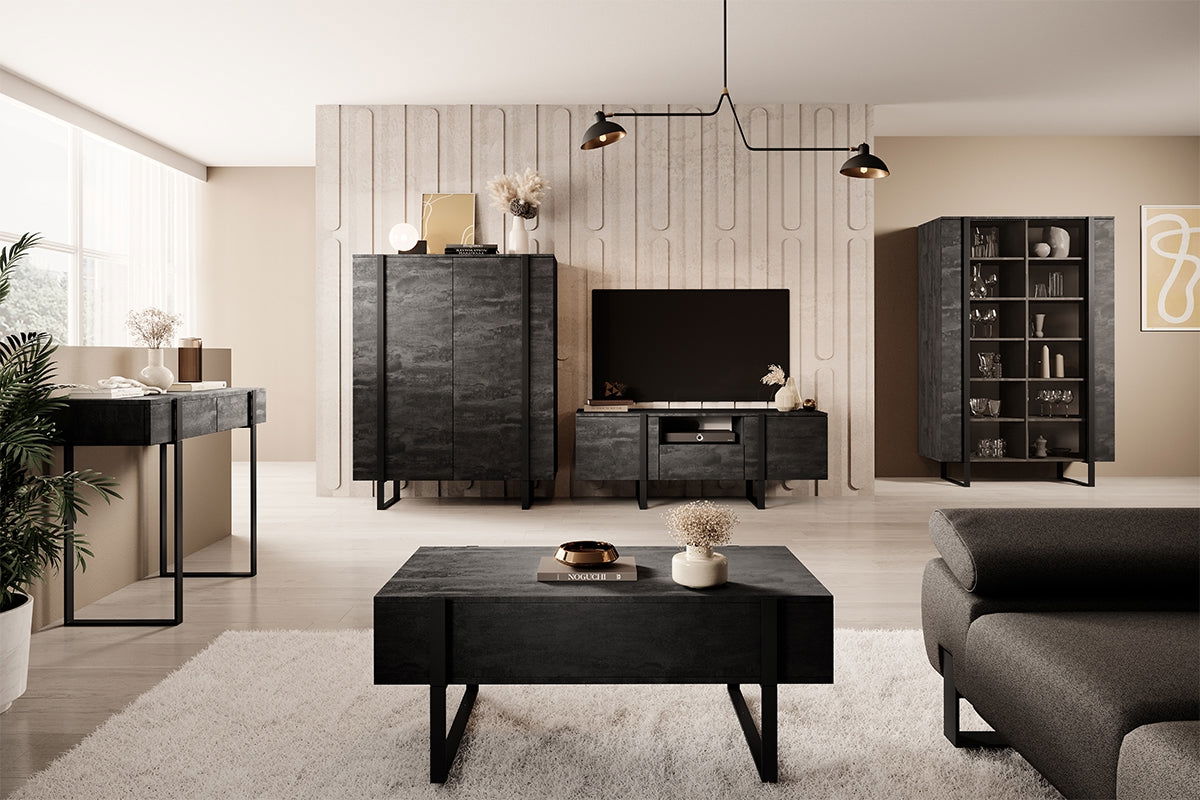 Witryna Verica z metalowymi nogami 120 cm - czarny beton / czarne nóżki