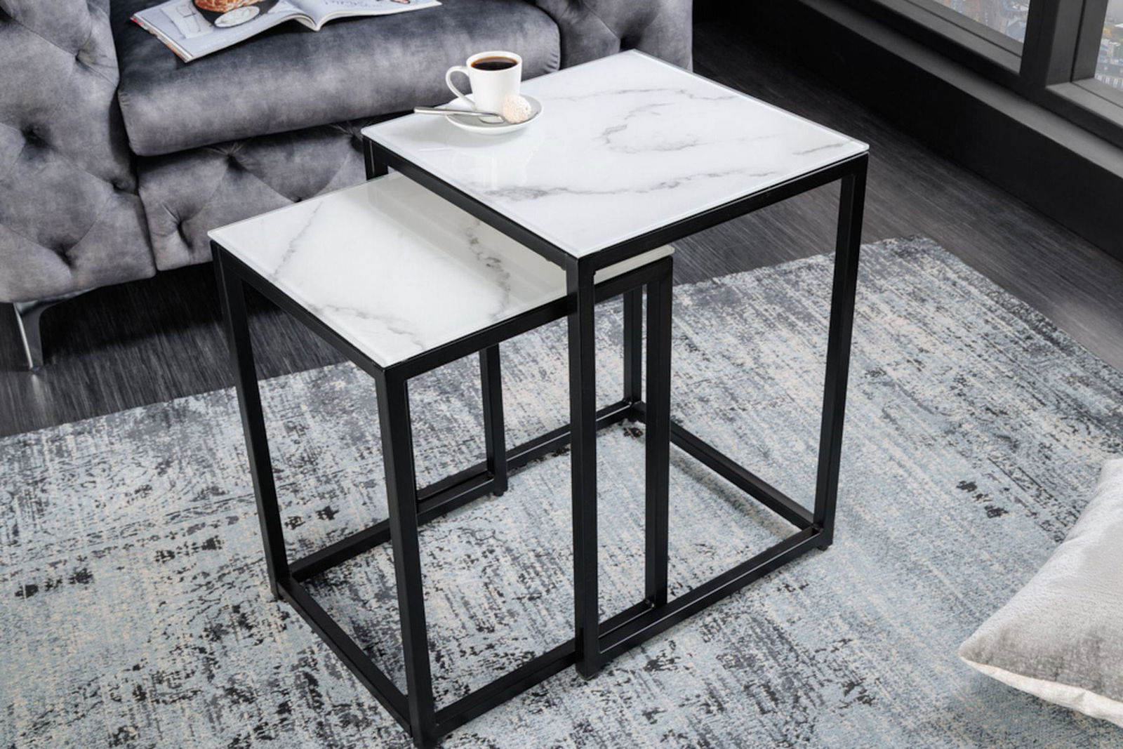 ZESTAW STOLIKÓW ELEGANCE OPTYKA MARMURU CZARNA RAMA / 42176  / INVICTA INTERIOR