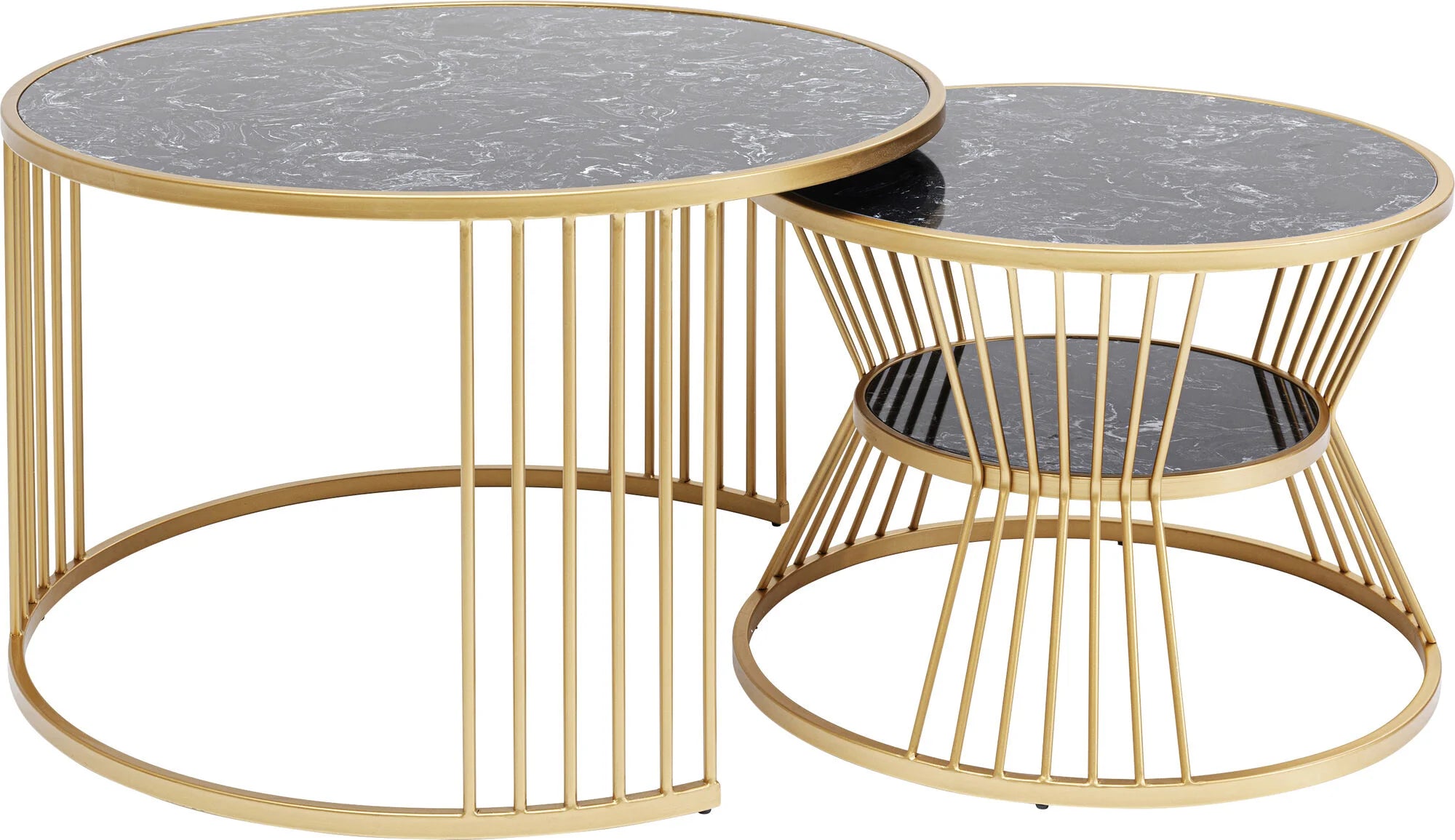 Zestaw dwóch złotych stolików kawowych Roma złota podstawa, czarny marmurowy blat
