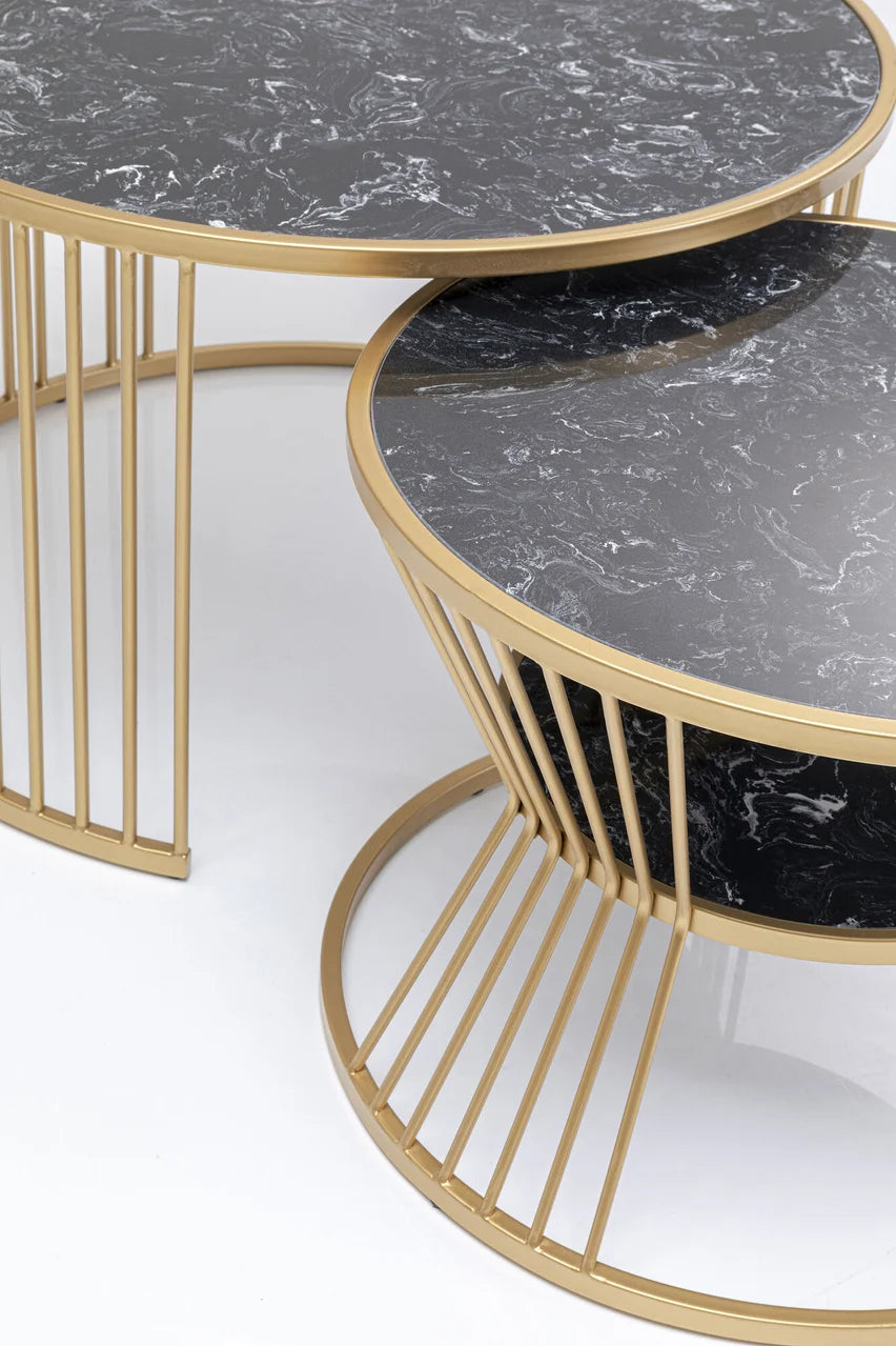 Zestaw dwóch złotych stolików kawowych Roma złota podstawa, czarny marmurowy blat