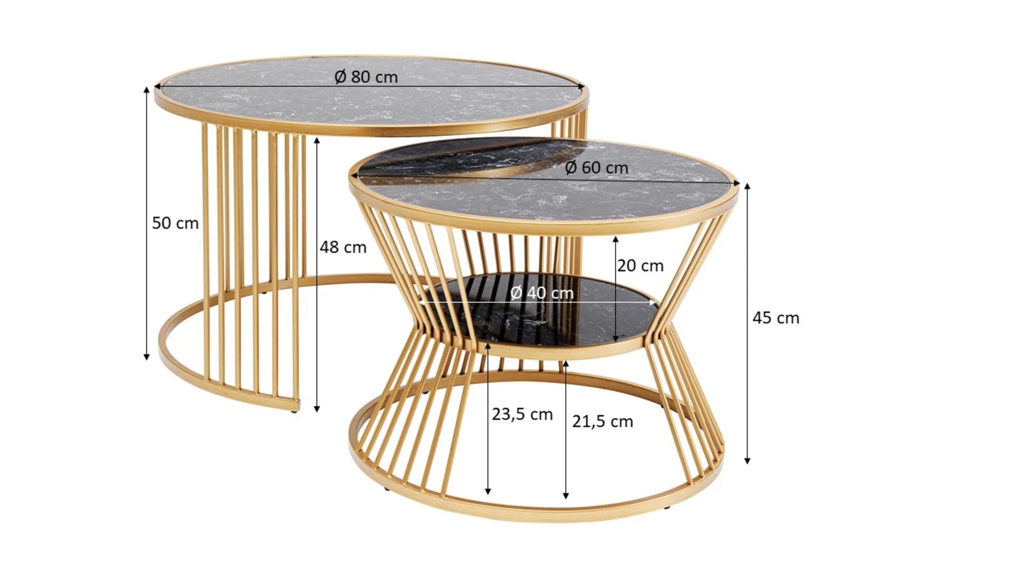 Zestaw dwóch złotych stolików kawowych Roma złota podstawa, czarny marmurowy blat