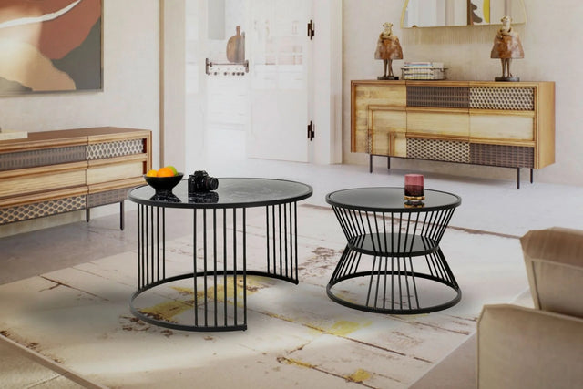 Zestaw dwóch  stolików kawowych Roma z czarnym blatem z marmuru mineralnego