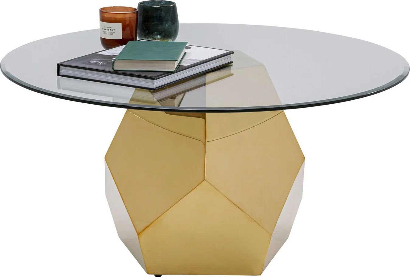 Stolik ze szklanym blatem, złota metalowa podstawa 