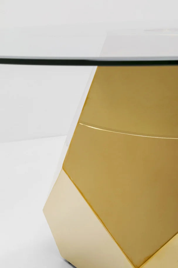 Stolik ze szklanym blatem, złota metalowa podstawa 